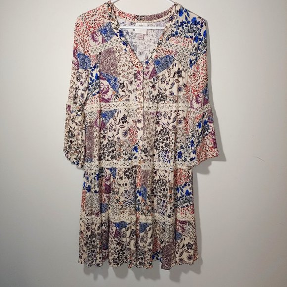 Knox Rose Dresses & Skirts - Knos Rose Tiered Floral Crochet Lace Trim Button Down Bell Sleeve Dress Size S